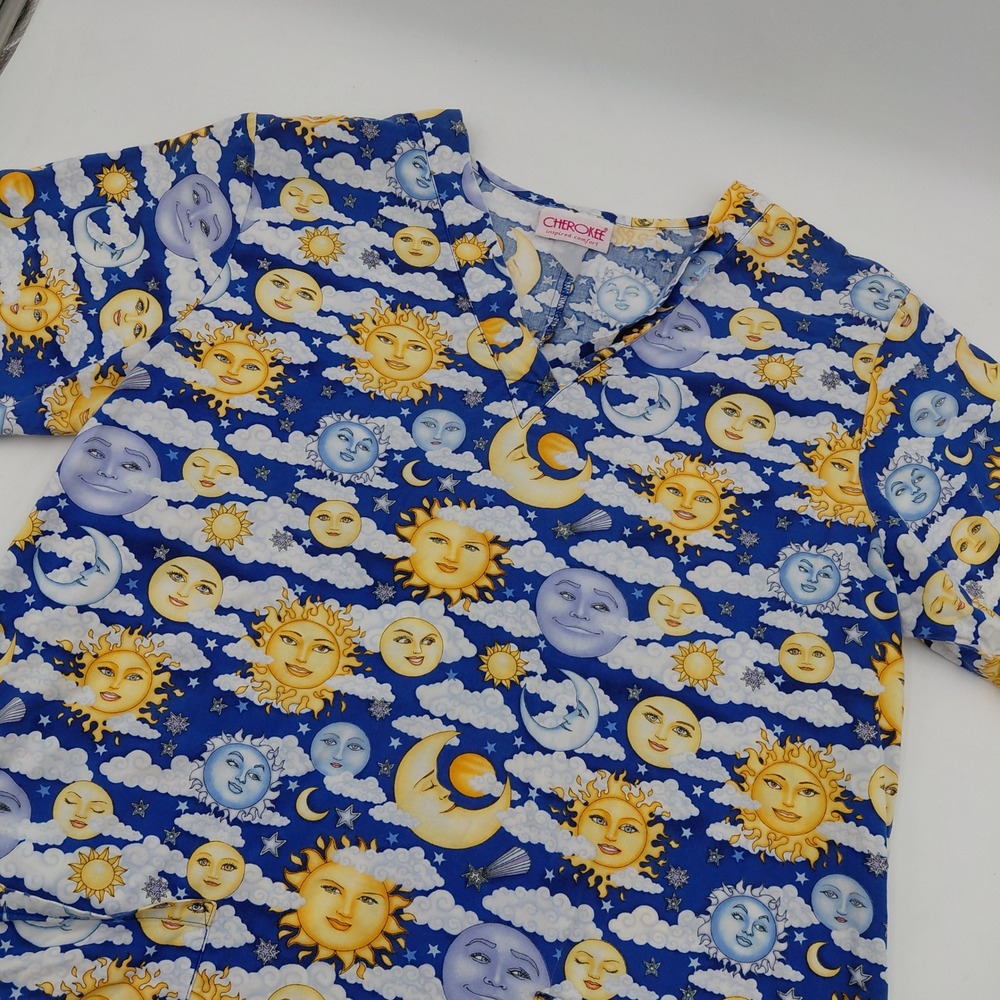 Cherokee Celestial Sun Moon Stars Scrub Top Womens L Blue V-Neck Short Sleeve